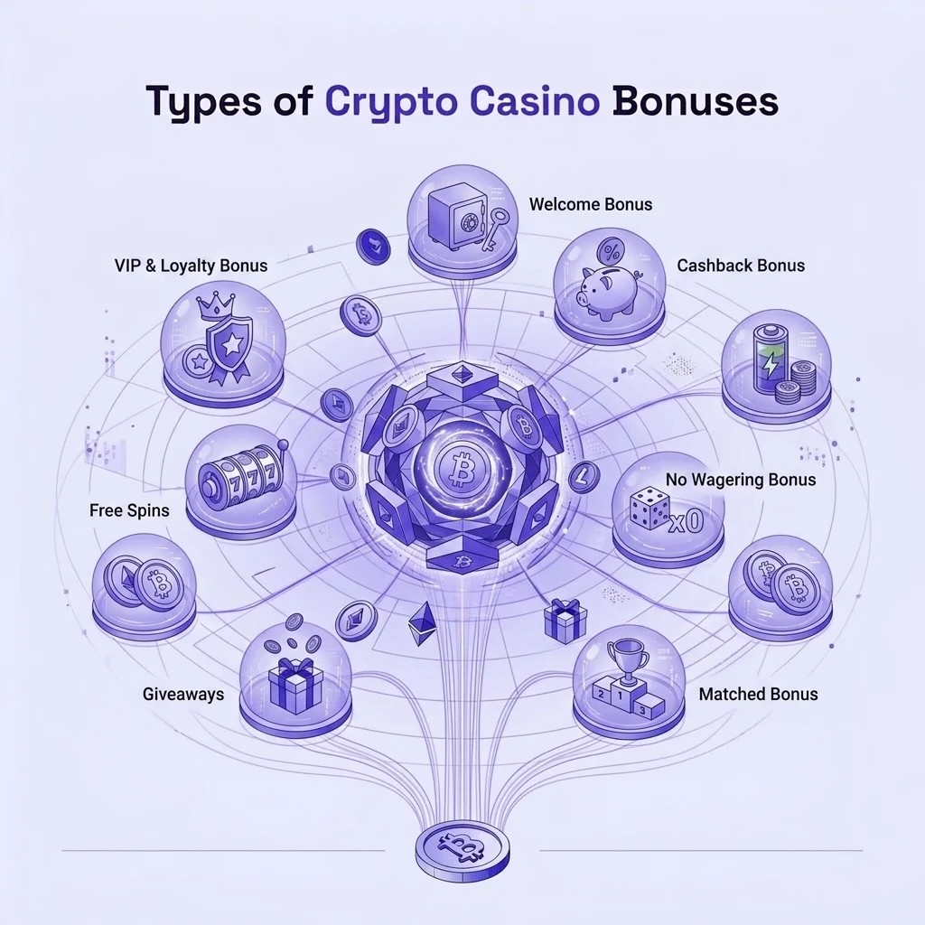 Types of crypto casino bonuses including welcome bonus, free spins, cashback, and VIP rewards
